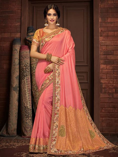Peach Georgette Silk Saree With Printed Border And Golden Pallu Party