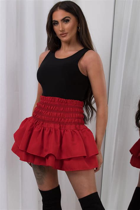 Rara Ruffle Mini Skirt Frilly High Waisted Red Uk