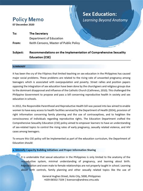 Policy Memo Sex Education In The Philippines Pdf