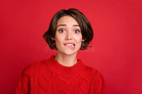 Photo Of Young Woman Bite Lips Teeth Worried Nervous Fail Problem