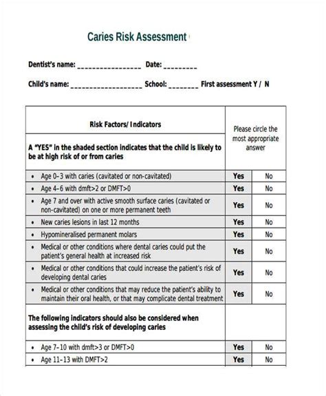 Free Sample Caries Risk Assessment Forms In Pdf Ms Word Free