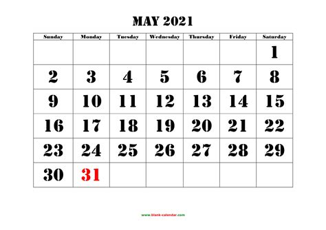 May 2021 Uk Free Printable Monthly Calendar Large Boxes Blank May
