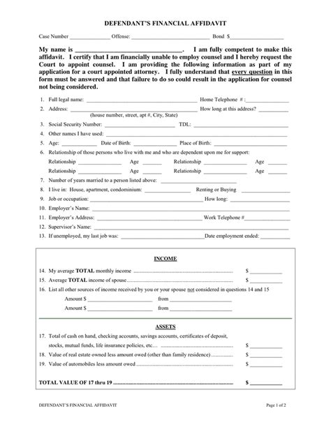 Defendants Financial Affidavit In Word And Pdf Formats