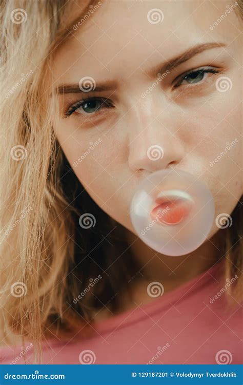 Freshness You Can Taste Young Girl Chew Bubble Gum Modern Youth Culture Stock Image Image Of