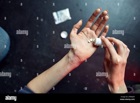 Drug Addict Woman Holds Pills Junkie Concept Stock Photo Alamy
