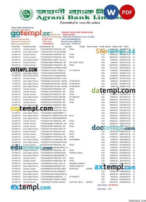 Bangladesh Agrani Bank Statement Word And PDF Template Account