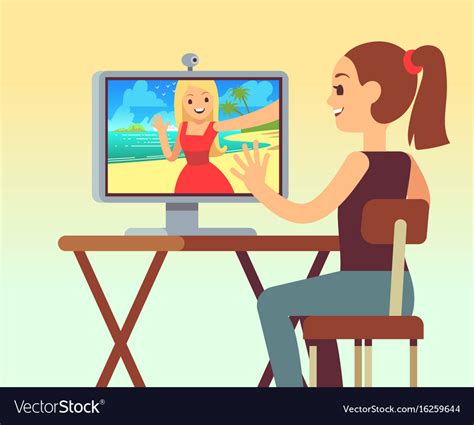 Video Chat Between Friends In Headset On Computer Vector Image
