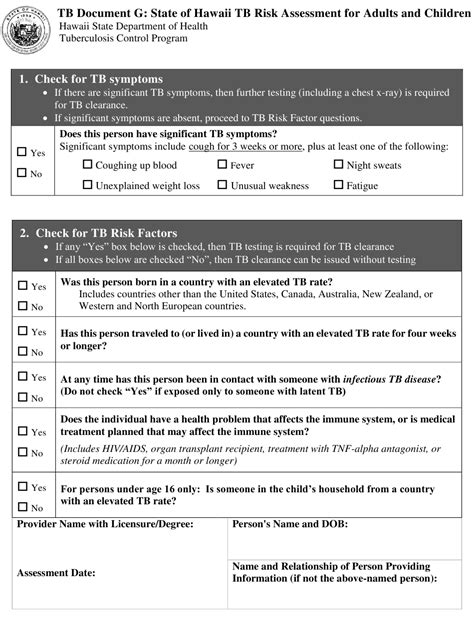 Hawaii Tb Document G State Of Hawaii Tb Risk Assessment For Adults