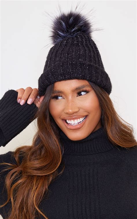 Black Knitted Oversized Pom Pom Beanie Prettylittlething Usa