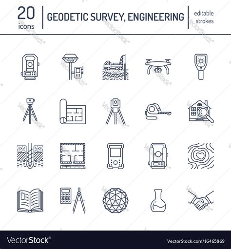 Geodetic Survey Engineering Flat Line Icons Vector Image