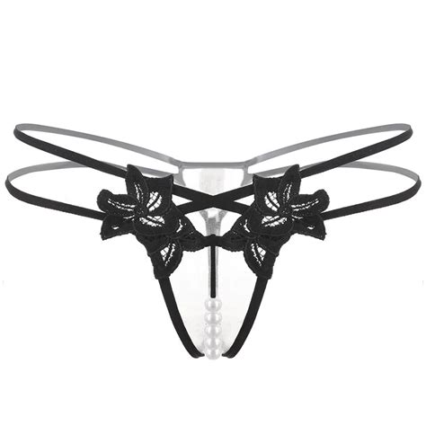 Erotic Panties Women Hot Sexy Embroidered Thongs Pearl Open Crotch Exotic Underwear Massage T