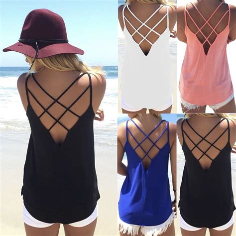 New 2019 Sexy Casual Tanks Tops Women Camis Strapless Hollow Out Tops Backless Cross Sling Tops