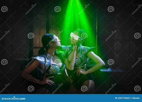 two dancers showing techno dance performance in disco and nightclub stock image image of