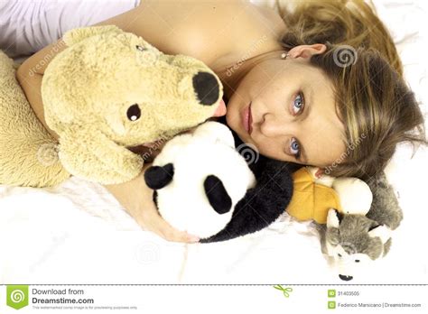 Happy Woman Laying With Stuffed Animals Stock Image Image Of People