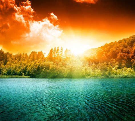 Green Water Lake And Sunset Stock Photo Image Of Sunlight Mountain