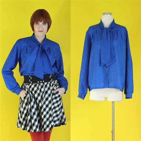 vintage 70s bow blouse secretary blouse royal blue shirt 80s blouse tie neck blouse