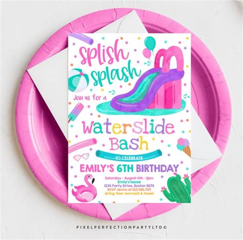 Editable Waterslide Birthday Party Invitation Water Slide Bash Summer