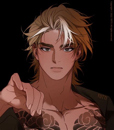 An Anime Character With Blonde Hair And Tattoos On His Chest Looking