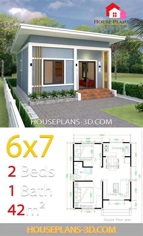 It stands on wooden pillars. Simple House Plans 6x7 with 2 bedrooms Shed Roof - House ...