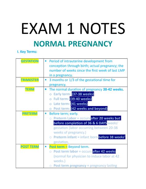 Exam Notes Ob Units Exam Notes Normal Pregnancy I Key Terms