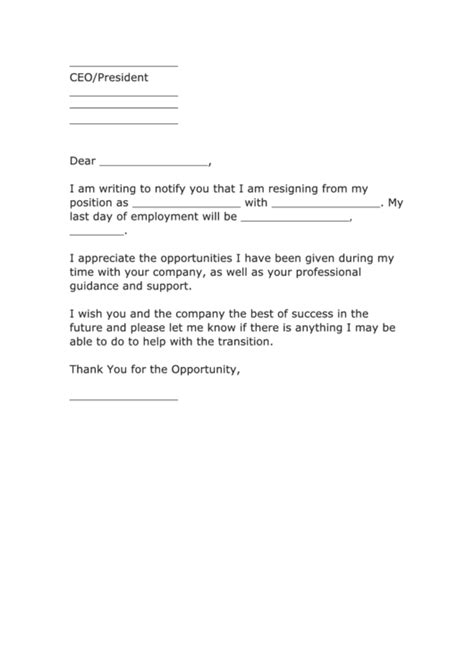 Fillable Professional Letter Of Resignation Template Printable Pdf Download