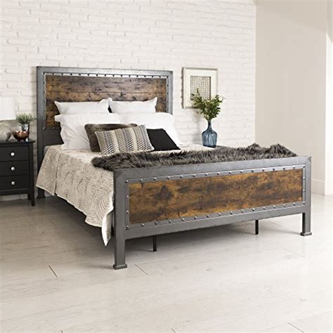 New Rustic Queen Industrial Wood And Metal Bed Includes Head And