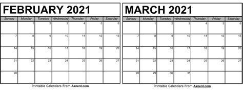 February March 2021 Calendar Templates Time Management Tools February