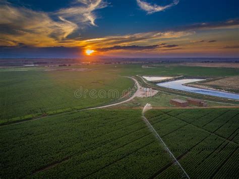 Cropland And Holding Pond At Sunset Stock Image Image Of Aerial