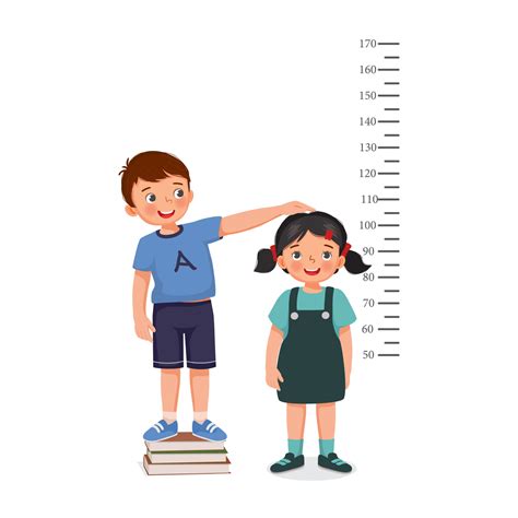 Cute Little Boy Standing On Stack Of Books Measuring Height Of Little