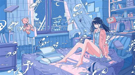1080p Free Download Anime Girl Bed Black Hair Feet Room Teddy Bear Hd Wallpaper Peakpx