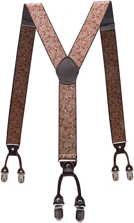 35cm Suspenders Men Brown Leather Braces Adjustable 6 Clips Suspenders