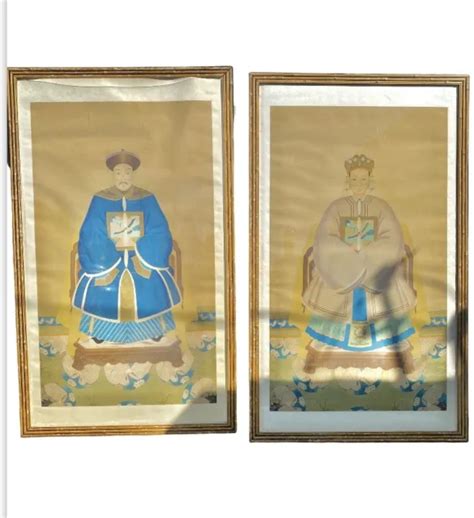Antique 19th C Pair Large Chinese Ancestor Portraits Hand Painted Silk