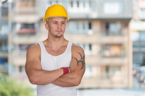 Engineer Construction Wearing A Yellow Helmet Stock Image Image Of