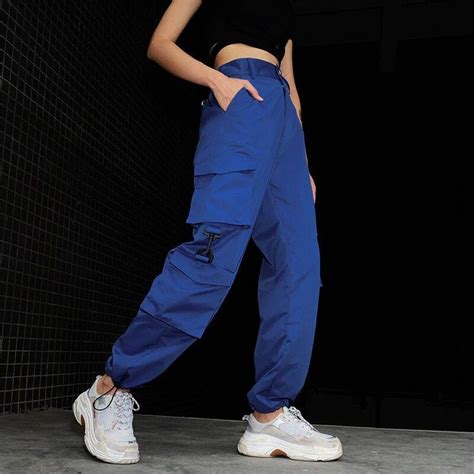 Womens Springautumn High Waist Loose Multi Pocket Cargo Pants Blue