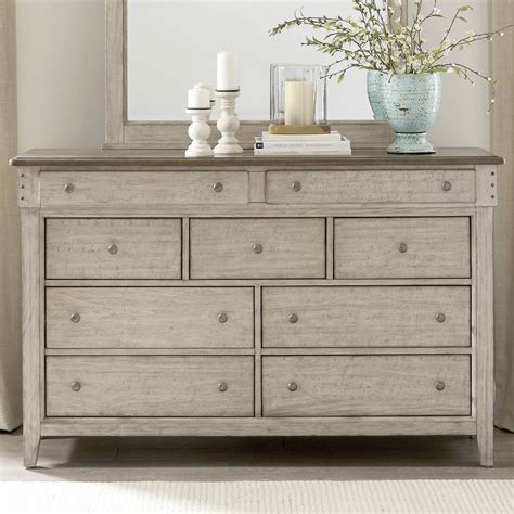 Farmhouse 9 Drawer Dresser In Weathered Linen Finish W Dusty Taupe