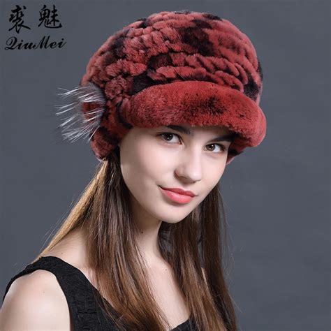Winter Fur Hat Women Berets Genuine Knitted Rex Rabbit Fur Hats Natural Stripe Winter Beret Warm