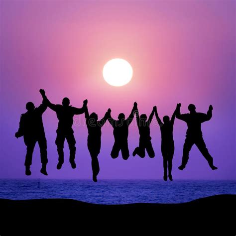 Group Of Friends Jumping Against Sunset Stock Image Image Of Coast Friendship 48670063