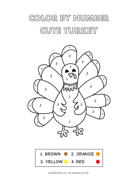 Color By Number Turkey Worksheet For Kids