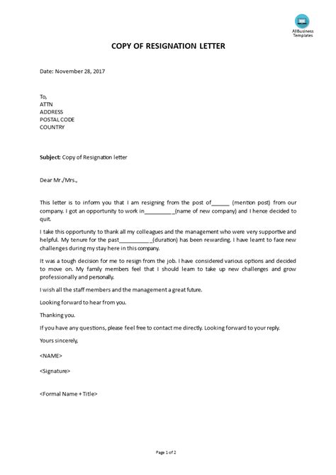 Copy Of Resignation Letter Templates At