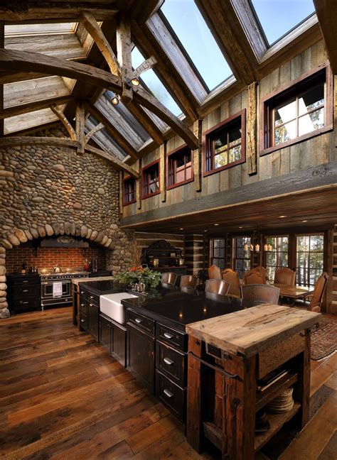 Modern Farmhousecabin Kitchen Features Cathedral Skylights River Rock