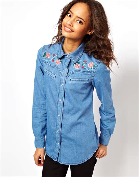 Lyst Asos Washed Denim Shirt With Floral Embroidery In Blue
