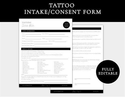 Tattoo Intake Form Tattoo Consent Form Tattoo Artist Forms Etsy