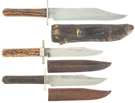 Three Sheffield Bowie Style Knives With Stag Handles