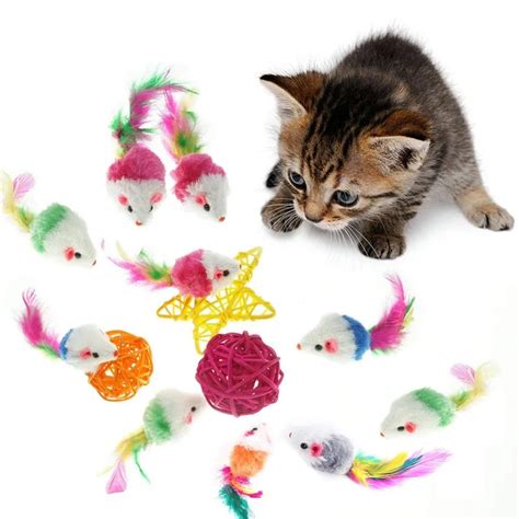 10pcs Colorful Fur Cat Toys Mice False Mouse Cat Catcher Feather Tails