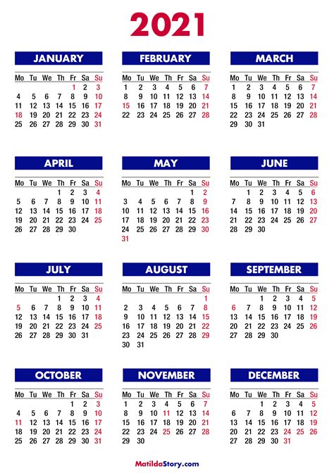 Free 2021 Printable Calendar With Holidays Riset
