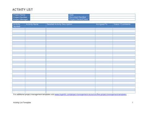 Activity List Template Download Printable Pdf Templateroller