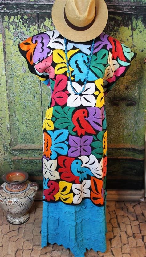 xl multi color hand embroidered huipil dress jalapa oaxaca mexico hippie peasant bordado