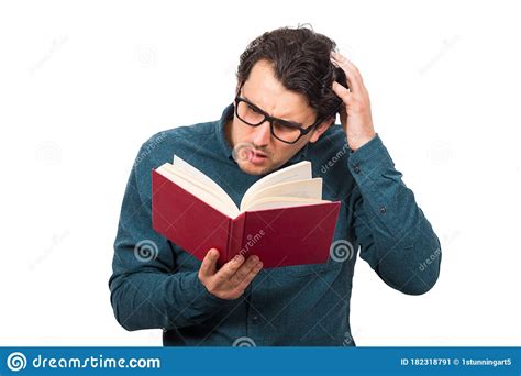 Puzzled Man Reading A Book Scratching His Head Isolated On White