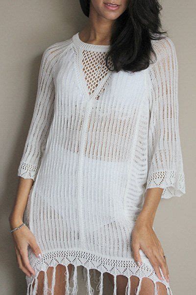 White One Sizefit Size Xs To M Open Knit Beach Tunic Cover Up Dress