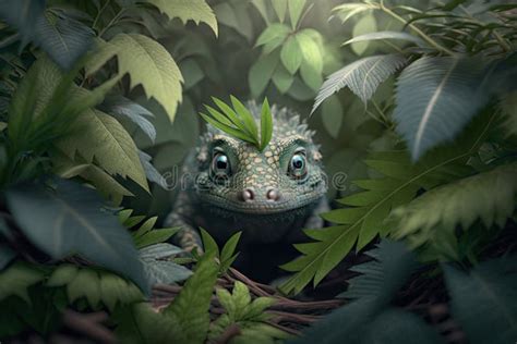 Cute Little Dragon Hiding Among Dense Foliage Peeking Out At Viewer